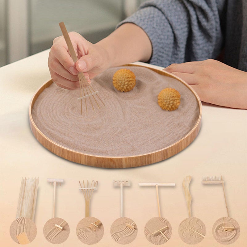 Dorhui Japanese Zen Garden for Desk, Dorhui Sand Tray Therapy Kit Meditation Gifts - 12”Large Round Bamboo Tray, 7Pcs Mini Zen Garden Rake Kit, Stamp Spheres for Home, Office, and Classroom - Image 5